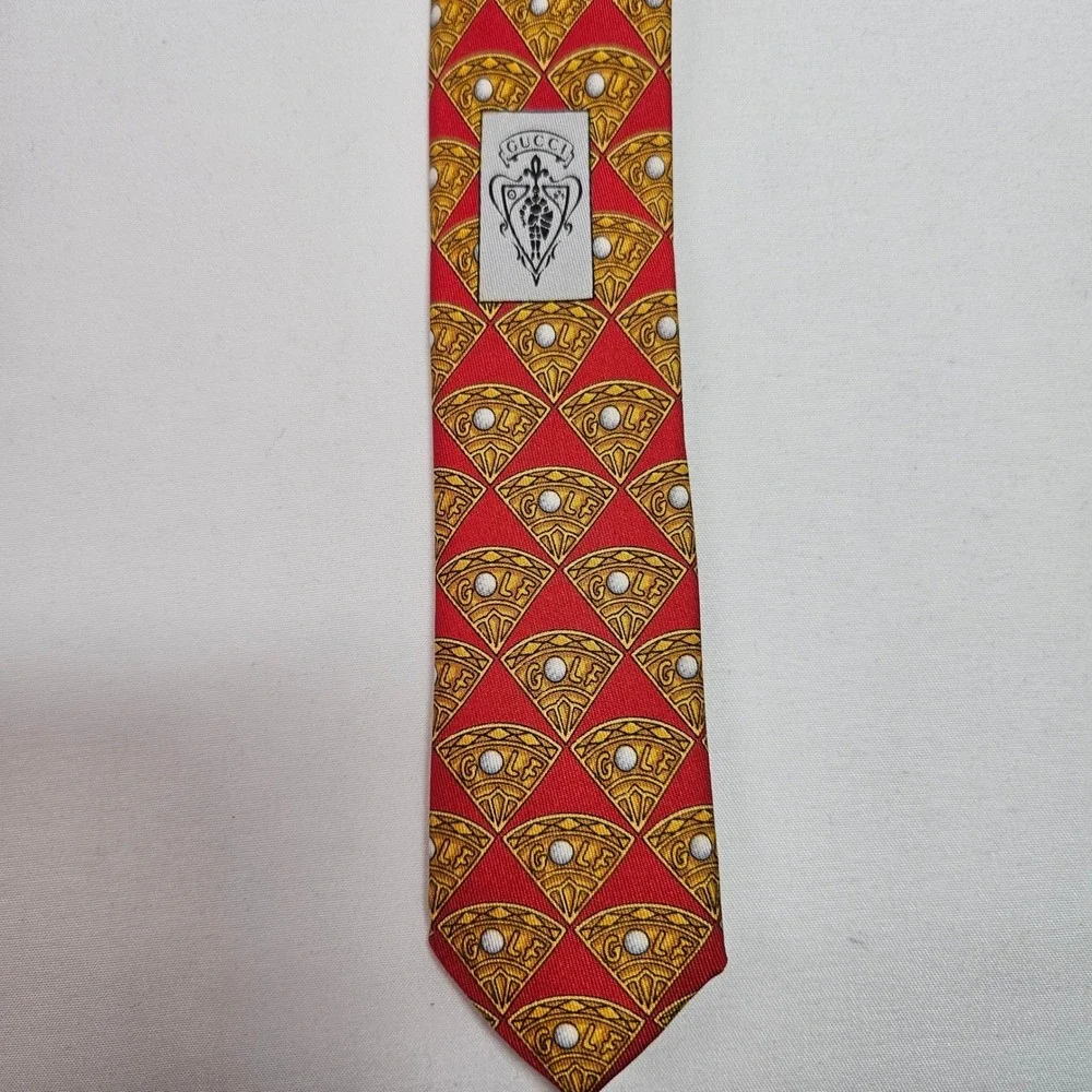 Gucci Mens Silk Tie Red Gold Golf Ball‎ Fan Pattern Italy Luxury Necktie 4